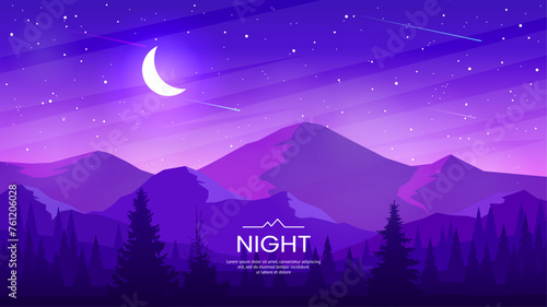 Beautiful night landscape. The moon over the mountains, starry sky and dark silhouettes of mountains and trees. Mountains illuminated by the light of the moon. Vector illustration. 