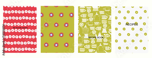 Cover page vector templates for dessert recipes books with hand drawn coffee cups, pots, cakes, pastry. Cookery books cover layout. Based on seamless patterns. Headers isolated and replaceable