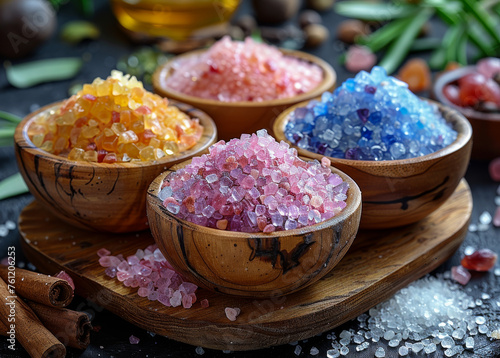 Himalayan salts sea salt and pink salt in wooden bowls on wooden table