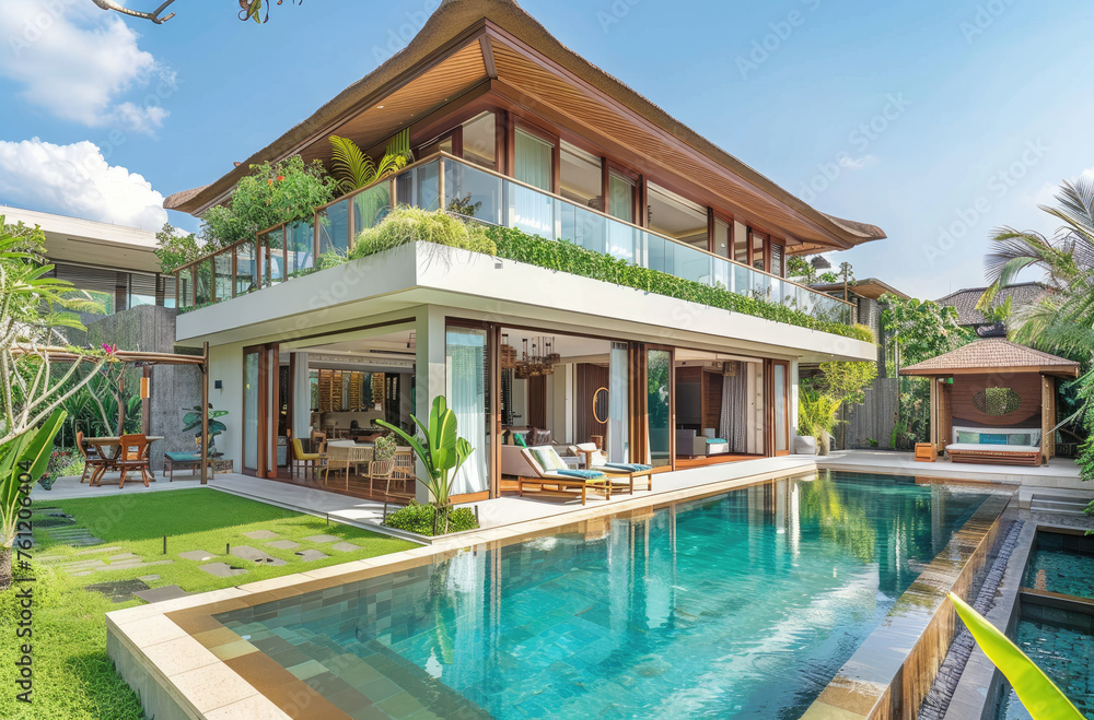 A wide-angle photo of a modern bungalow villa with a pool in a tropical country. Large glass windows and doors overlook the garden and swimming pool, with outdoor seating