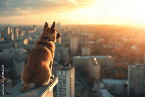 a dog on a tall building in the city