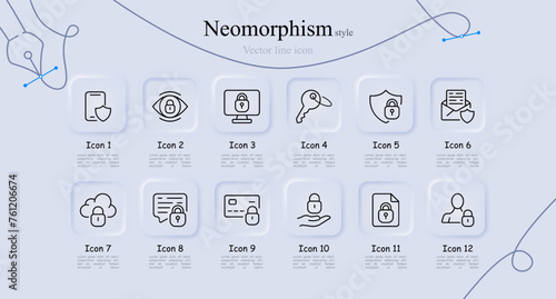 Security line icon set. Website, internet, lock, password, smartphone, monitor, hacker. Neomorphism style. Vector line icon for Business