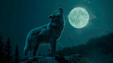 Wolf howling on full moon at night.