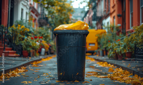Trash can is filled with yellow leaves on city street.