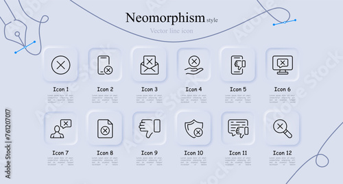 Cancel line icon set. Cross, shield, thumbs down, search, mail, smartphone, monitor, password, verification. Neomorphism style. Vector line icon for Business