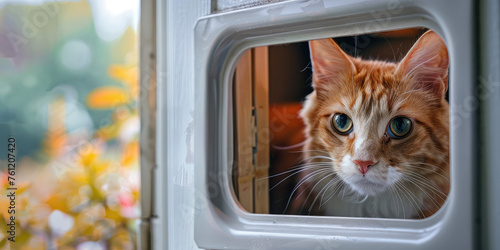 Curious Cat Peering Through Pet Door. A pet hole in an apartment door, a convenient entrance for pet animals.
