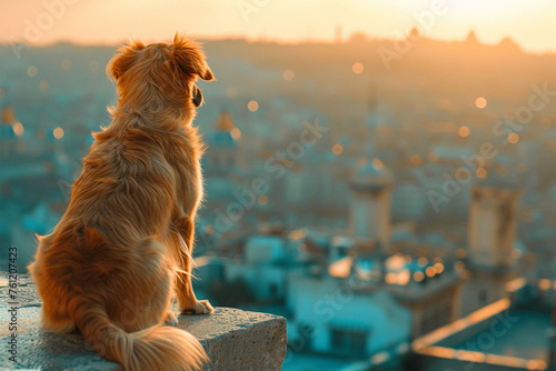 a dog on a tall building in the city photo