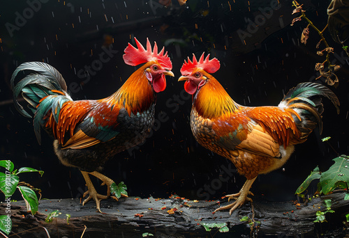 Two roosters are fighting in the rain. photo