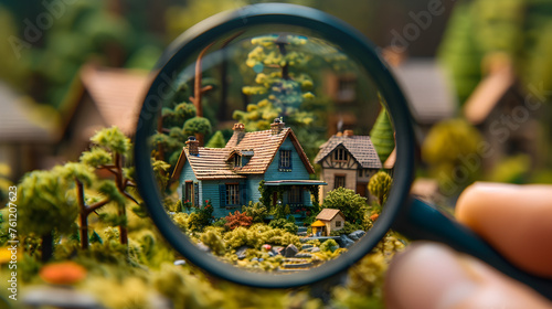 Searching new house for purchase. Rental housing market. Magnifying glass near residential building. Created with Generative AI