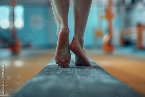 Close up of a female gymnast's feet on a balance beam in a gymnasium photo