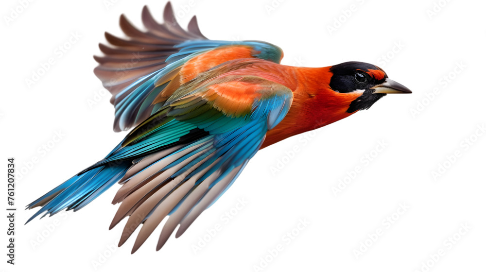 Colorful Pretty Bird in Motion on transparent background. PNG file