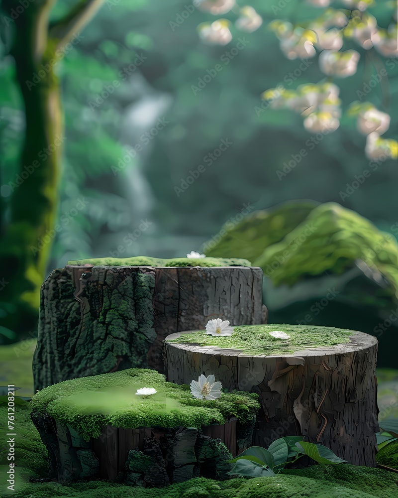 Obraz premium round wooden podium or pedestal cover with green moss in tropical rainforest , mock up for product display scene and product presentation