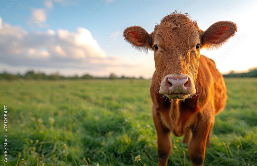 Young calf is standing in green field on farm in the summer Young calf is standing in green field on farm in the summer