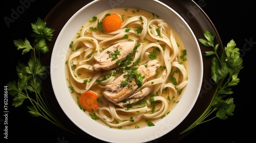 Fresh homemade chicken soup with noodle at table. Top view. Copy space