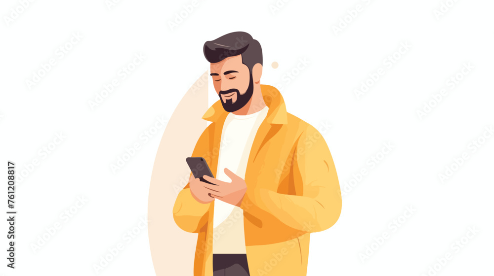 Smiling casual man using smartphone standing flat vector