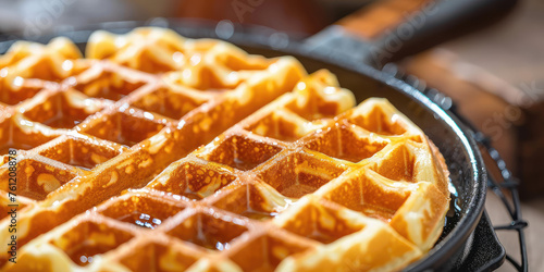 Freshly Baked Belgian Waffles close-up. Golden Belgian waffles sizzle in electric waffle maker iron, delicious breakfast. photo