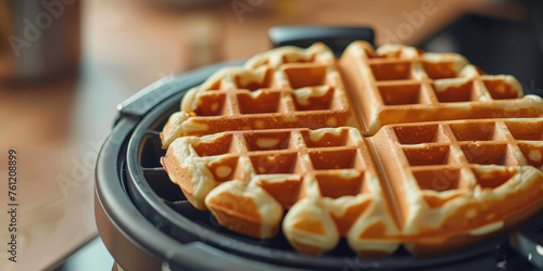 Freshly Baked Belgian Waffles close-up. Golden Belgian waffles sizzle in electric waffle maker iron, delicious breakfast, copy space.