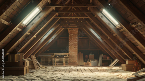 Sunbeams illuminate an attic under renovation, filled with wooden planks and construction tools.