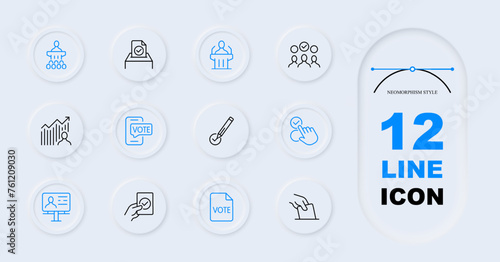 Elections line icon set. Pedestal, public speaking, bulletin, debate, rise in popularity. Neomorphism style. Vector line icon for Business