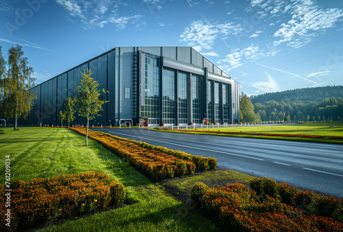 Exterior of modern factory building with office buildings and flowerbeds photo