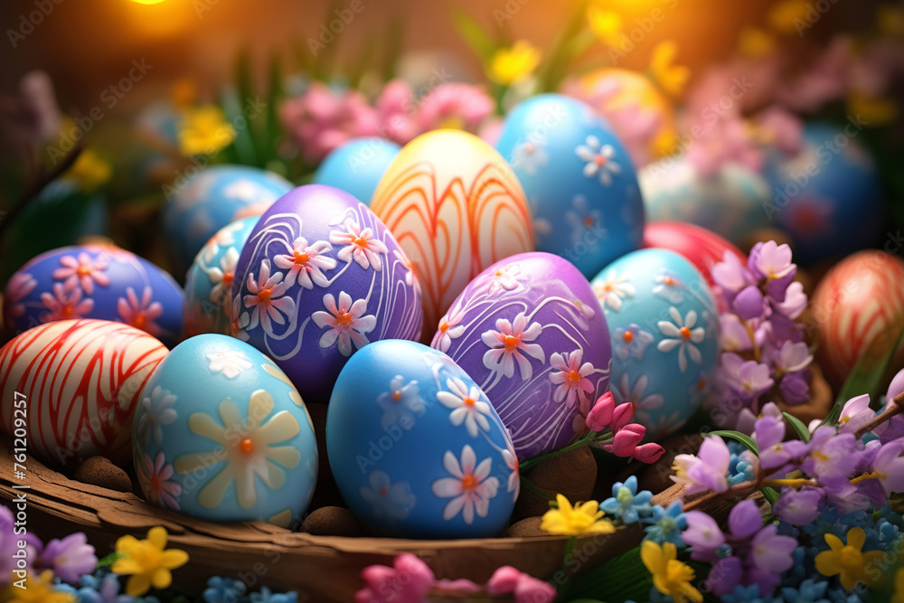 Generative ai on theme celebration holiday Easter with bright eggs are main accessory at abstract background Generative ai on theme celebration holiday Easter with bright eggs are main accessory at abstract background