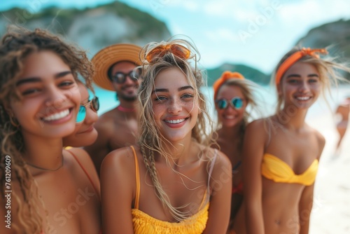 A joyous group of women, adorned in trendy swimwear and fashionable accessories, happily posing for a photo on a sunny beach during their fun-filled summer vacation