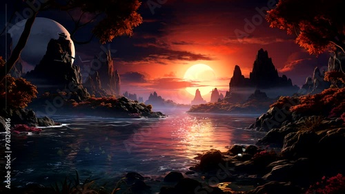 Sunset Splendor: Trees, Towering Rocks, and a Serene Lake Under the Evening Sky