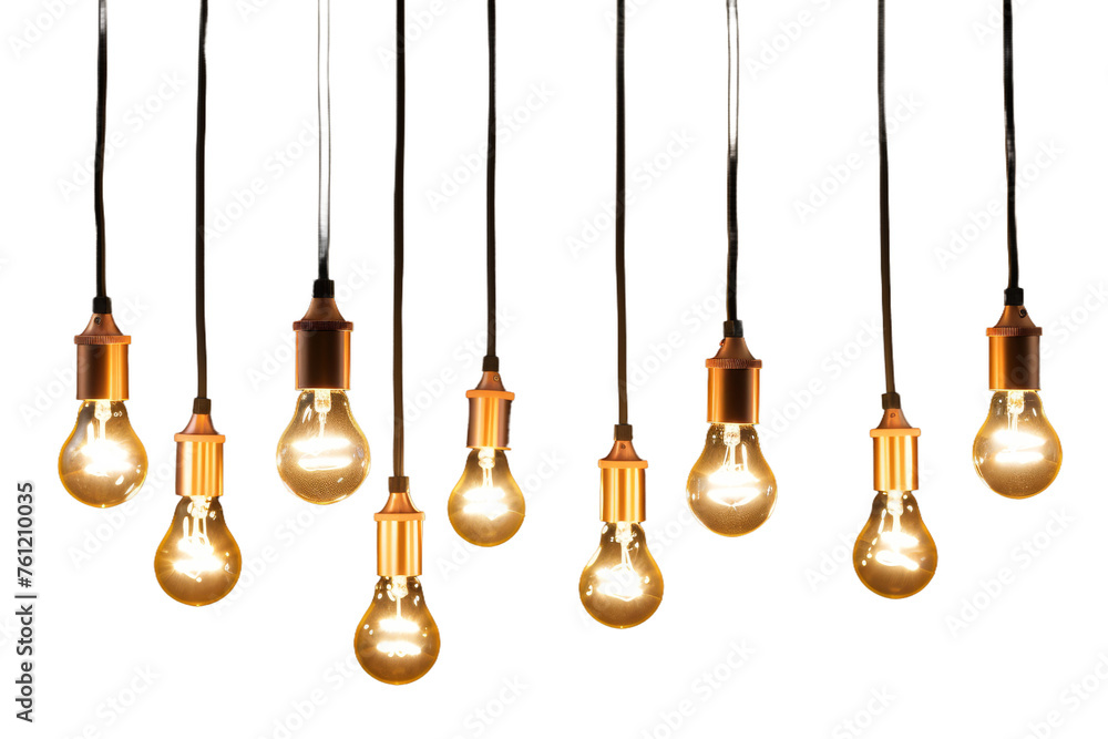 Multiple Light Bulbs Hanging From Ceiling. On a Transparent Background. Multiple Light Bulbs Hanging From Ceiling. On a Transparent Background.