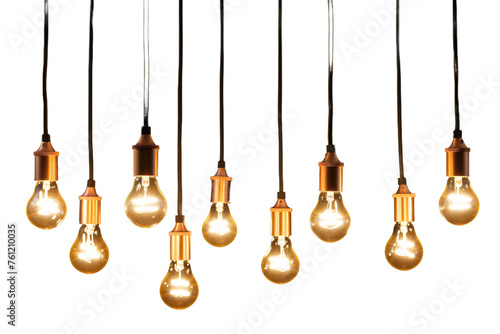 Multiple Light Bulbs Hanging From Ceiling. On a Transparent Background.