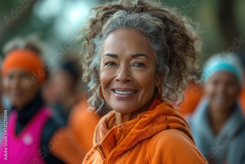 A radiant woman exudes confidence and warmth in her vibrant orange jacket, her curly hair framing her smiling face as she enjoys the outdoors
