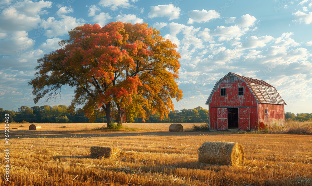 Red barn and hay bales sit in field on sunny autumn morning Red barn and hay bales sit in field on sunny autumn morning
