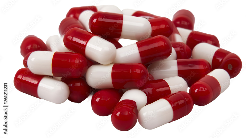 pile of red and white glossy capsule pills isolated on transparent background, PNG file pile of red and white glossy capsule pills isolated on transparent background, PNG file