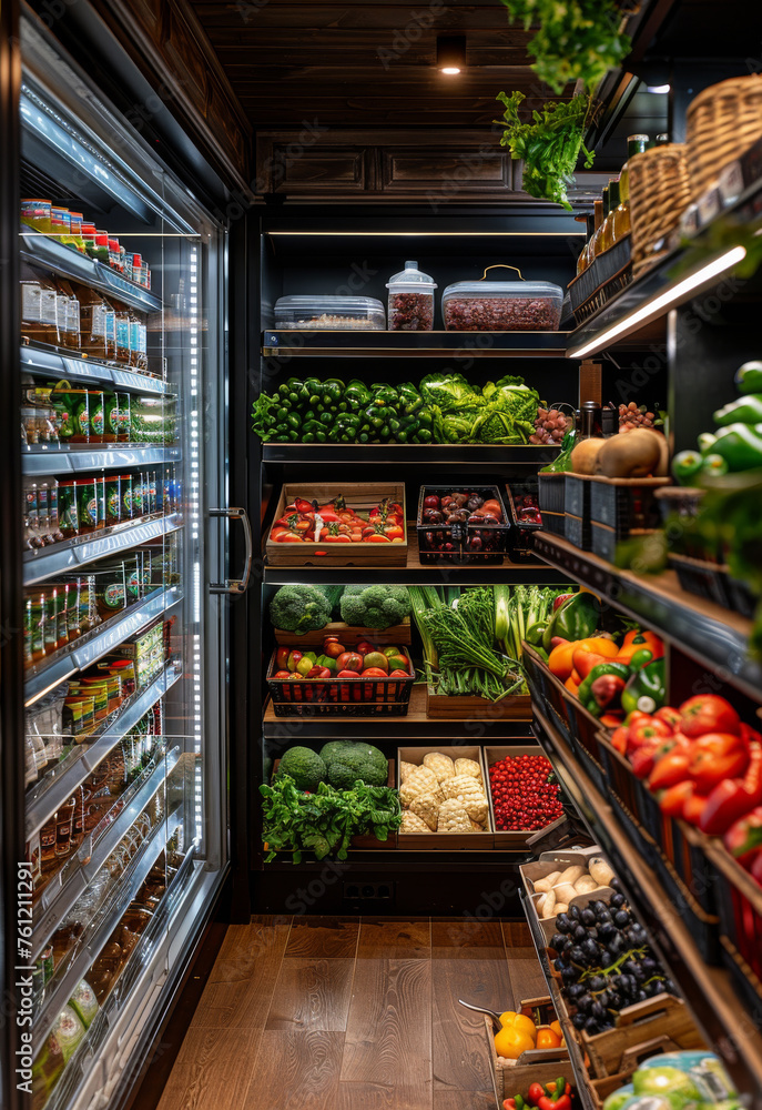 Obraz premium Fresh fruits and vegetables on the shelves in the store