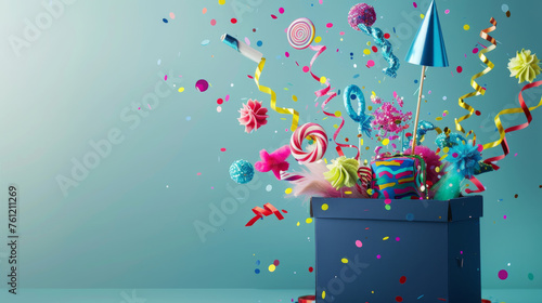 A box bursts with party favors, colorful confetti, and sweets on a vibrant blue background.