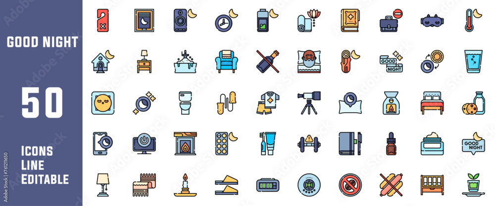 Fototapeta premium 50 Good Night Icons Set Pack Line Editable Vector Illustration 