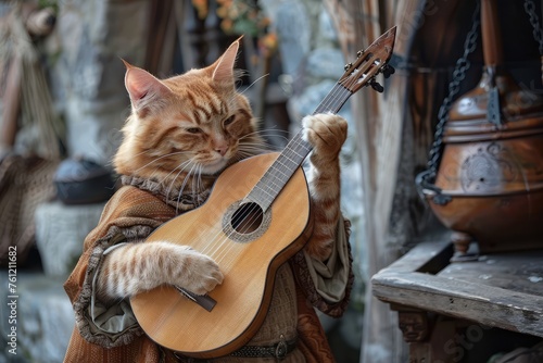 Cat Bard Plays his Lute, Cat Minstrel Song, Pet Troubadour Music, Medieval Cat Singer photo