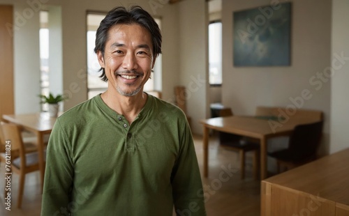 Photo of a happy middle-aged Japanese man in casual clothes relaxing inside a bright apartment