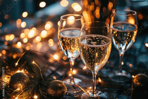 New Year's Glasses of Champagne, Celebrate Toast, Drink Glasses on Blurred Golden Background
