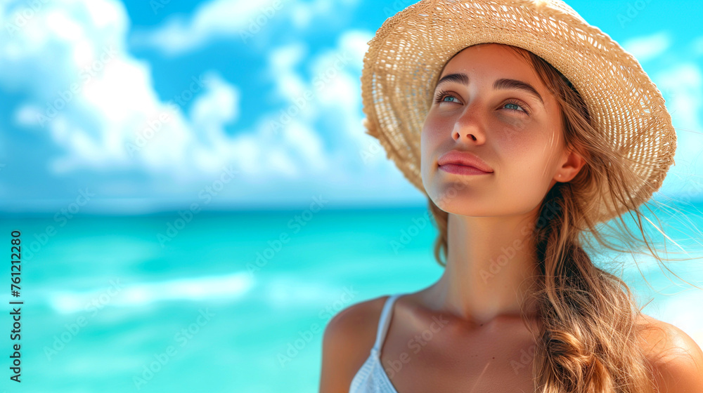 Portrait of beautiful young woman in hat on tropical beach. Vacation concept