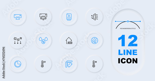 Ventilation line icon set. Air, thermostat, thermometer, coolness, wind, air conditioning, heat, blowing, summer, warmth, freshness, smell. Neomorphism style. Vector line icon for Business