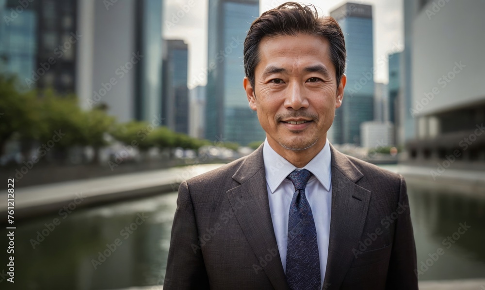 Confident Japanese leader with a vision for the future, captured against an urban skyline Confident Japanese leader with a vision for the future, captured against an urban skyline