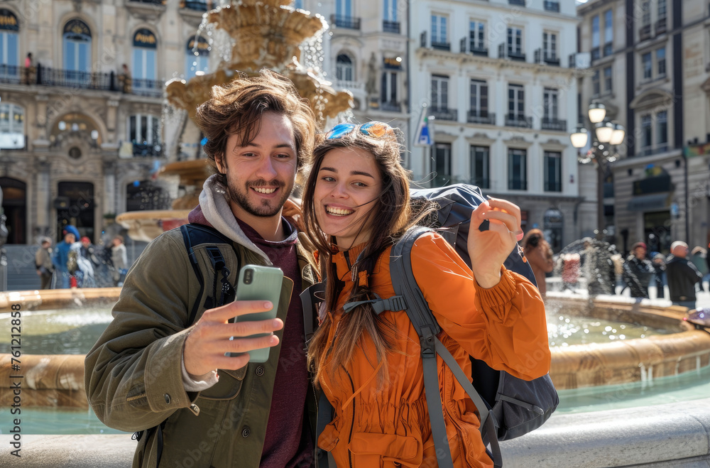 A young couple took a selfie photo in a city square near a fountain, wearing backpacks and smiling at the camera
