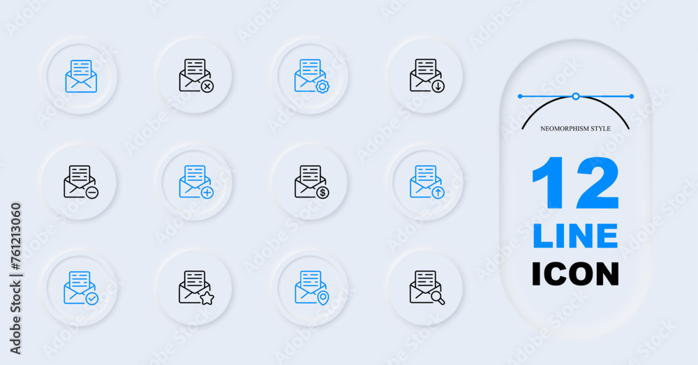 Mail line icon set. Information, correspondence, postman, gear, setting, minus, loading. Neomorphism style. Vector line icon for Business Mail line icon set. Information, correspondence, postman, gear, setting, minus, loading. Neomorphism style. Vector line icon for Business
