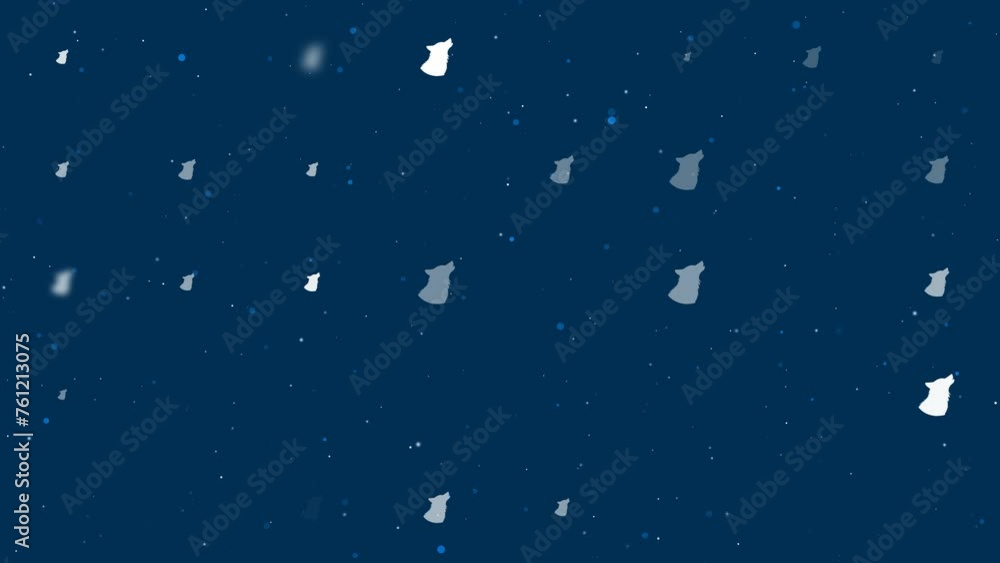 Template animation of evenly spaced wolf head symbols of different sizes and opacity. Animation of transparency and size. Seamless looped 4k animation on dark blue background with stars Template animation of evenly spaced wolf head symbols of different sizes and opacity. Animation of transparency and size. Seamless looped 4k animation on dark blue background with stars