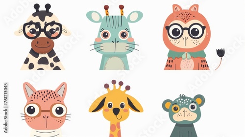 A set of cutest animal characters with funny faces. Sassy cool head portraits set  with giraffe  frog  cat  dog  monkey faces. Modern illustrations on white background.