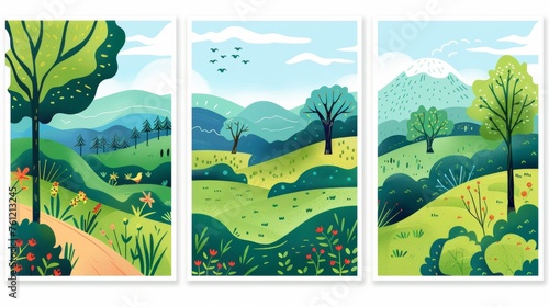 Set of nature cards. Comfortable summer landscape. Postcard backgrounds of forest, trees, grass, plants, hills, mountains, and sky. Creative flat modern illustrations of nature in a modern style.