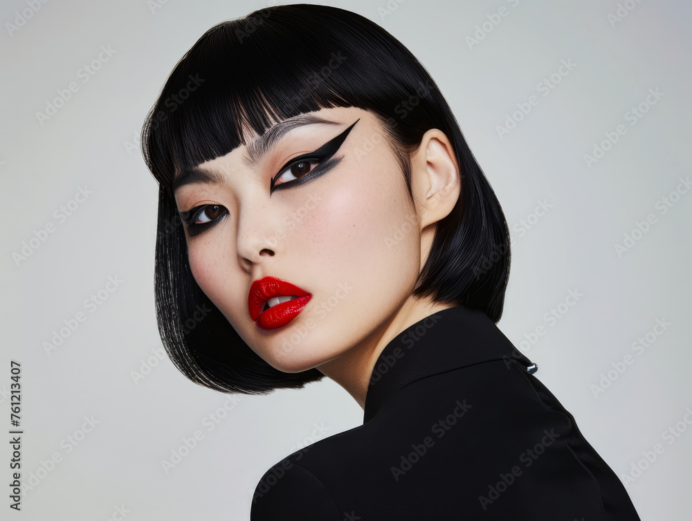 Portrait of a young Asian woman with black winged eyeliner and ample copyspace Portrait of a young Asian woman with black winged eyeliner and ample copyspace