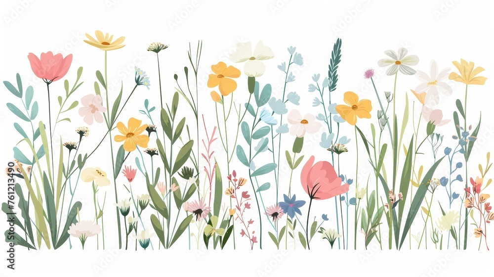 Plants, flowers in the field. Summer wildflower stems. Delicate meadow flora, wild herbs. Botanical flat modern illustration isolated on white.