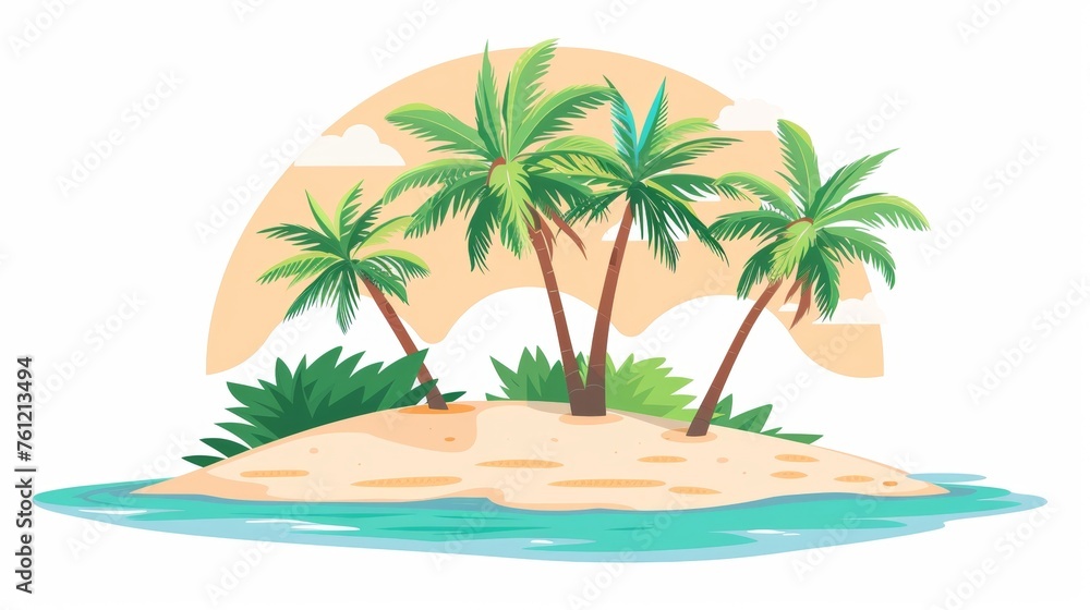 There are palm trees on a sandy island. Tropical leaf plants growing on it. An exotic south uninhabited area, a summer resort, a paradise in the south. A flat modern illustration isolated on white.