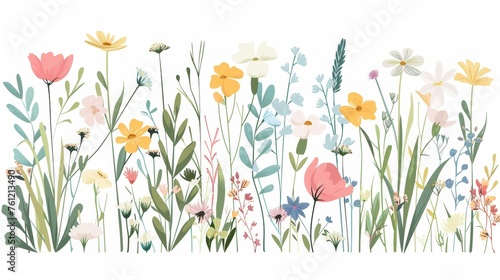Plants, flowers in the field. Summer wildflower stems. Delicate meadow flora, wild herbs. Botanical flat modern illustration isolated on white.
